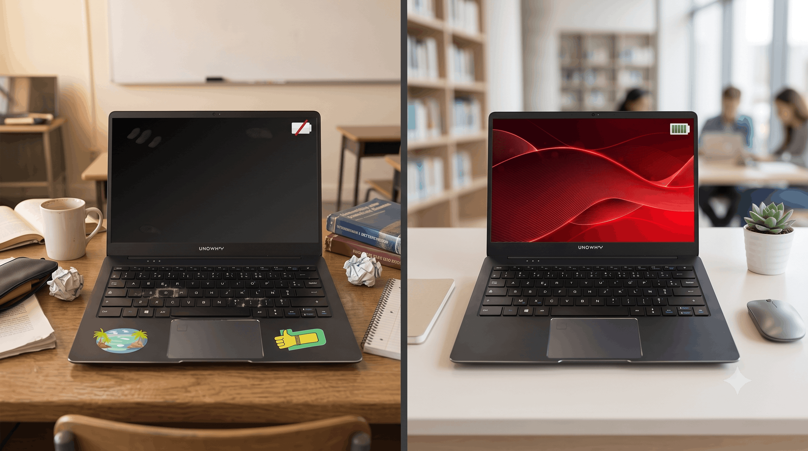 PC UNOWHY Y13 avant/après le Forfait Évolution : de la machine usée de lycée à l'ordinateur remis à neuf pour la fac